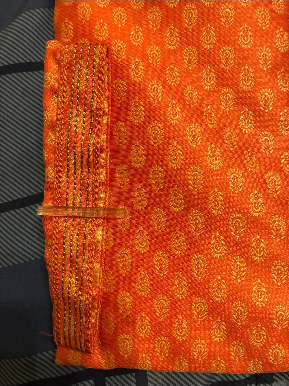 Men's Orange Traditional Kurta Pajama with Gold Motif and Brown Pant M|40 - Picture 3 of 8